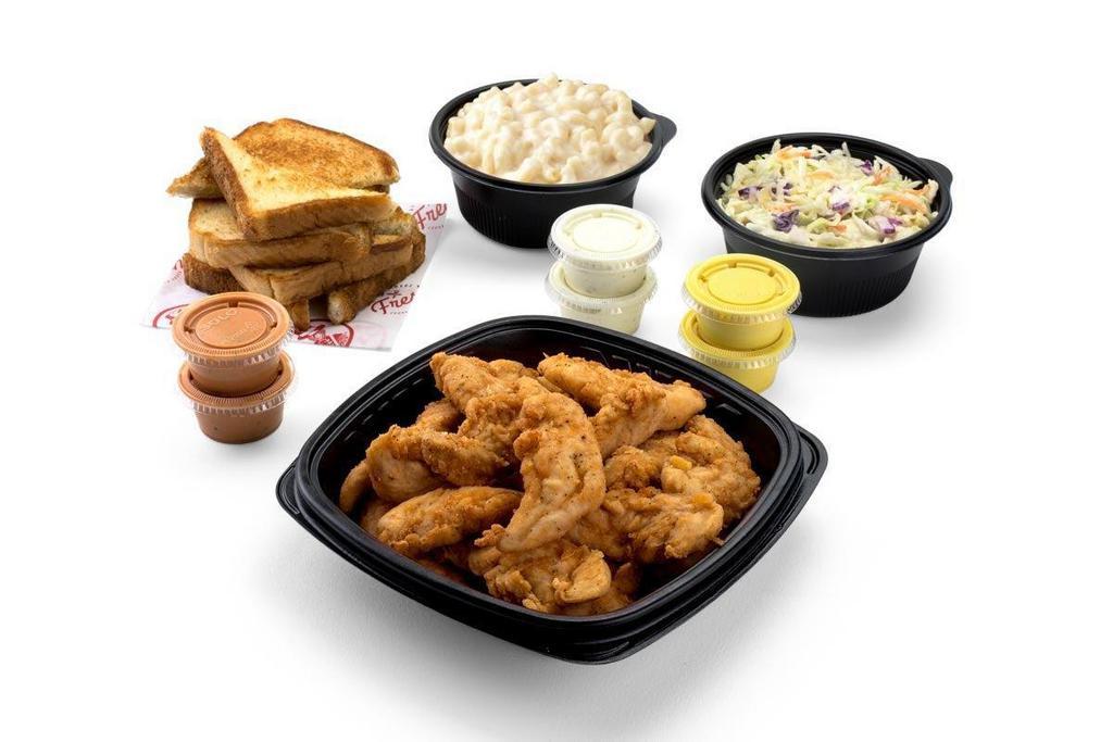 Picnic Pack · 16 Tenders, 2 Large Sides (Choose Mac & Cheese, Coleslaw or Potato Salad), 6 Sauces and 4 Texas Toast Slices.