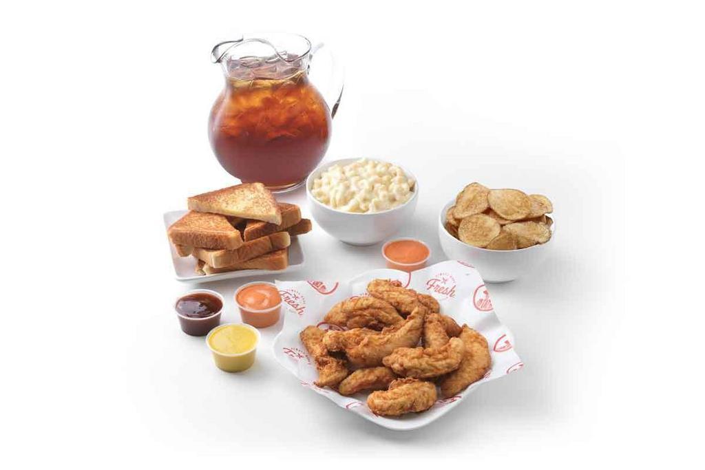 Southern Style Family Meal · 12 Tenders, 4 House Sauces, 1 side of Ranch Chips, 1 side of Mac & Cheese, Coleslaw or Potato Salad, 4 Texas Toast and a gallon of tea.