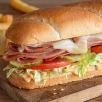 Slim Jim® Sandwich · Grilled smokehouse ham served on a toasted hoagie with melted Swiss cheese, tomatoes, lettuc...