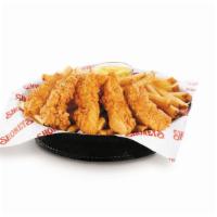 Hand-Breaded Chicken Strips · Fresh, hand-breaded chicken strips served with choice of dipping sauce: BBQ, buttermilk ranc...