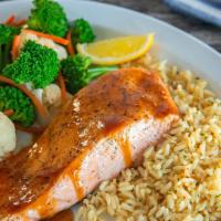 Teriyaki Glazed Salmon · 570 Cal. Grilled salmon fillet topped with a sweet teriyaki glaze. Also available grilled wi...