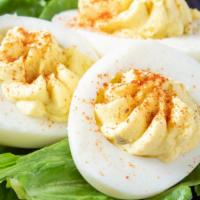 Deviled Eggs (3) · Made with wickles pickles.