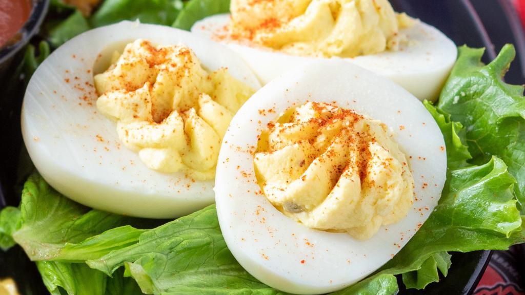 Deviled Eggs (3) · Made with wickles pickles.