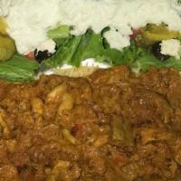 Chicken Shawarma · Served with basmati rice, Greek salad, pita bread, and  Arhiboo(garlic) or tzatiki (cucumber...