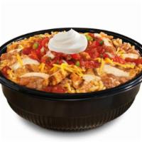 Chicken Bowl · Grilled chicken, shredded cheese, salsa, sour cream, hot sauce, refried beans and rice, serv...