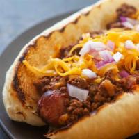 Chili Dog · Hot dog smothered in chili and served on a fluffy bun.