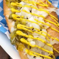 New York Dog · Hot dog topped with relish, mustard, and ketchup, served on a fluffy bun.