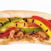Philly Dog · Hot dog topped with chopped steak, melted cheese, and sauteed peppers and onions, served on ...