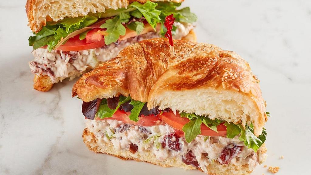 Harvest Chicken Salad (Contains Pecans) · Chicken salad with cranberries and pecans, spring mix and tomato on croissant. *This product contains pecans*.
