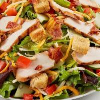 Grilled Chicken Salad · Grilled chicken, bacon, cheddar-jack, tomato, cucumber and croutons on mixed greens.