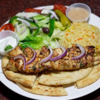 Chicken Souvlaki Plate · Chunks of marinated white meat, French fries, lettuce, tomatoes, onions, and peppers, served...