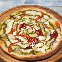 Mediterraneo Pizza · Roasted peppers, artichokes, sun dried tomatoes, basil pesto, feta cheese and mozzarella.