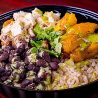 Cuban Chicken Bowl · Sushi rice, Grilled Chicken, Plantain, Black beans, Onions & Cilantro Dressing.