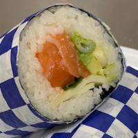 Big Salmon Roll · Sushi rice, Salmon, Cucumber, Avocado, Scallions, Cheese, Masago and a side of Eel sauce & s...