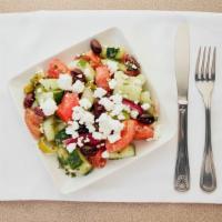 Mediterranean Salad (V&Gf) · Cucumber,tomato, red onion, olives, feta cheese, parsley, spices, herbs, lemon juice and oli...
