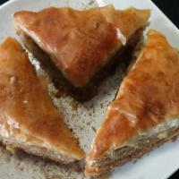 Baklava · A rich sweet pastry made of layers of filo filled with chopped nuts and sweetened with honey.