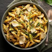 The Besto Pesto Alfredo · Our creamy basil pesto sauce served over penne with spinach and mushrooms. Topped with some ...