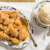 Sesame Chicken · Lightly breaded chicken with special sauce,  sprinkled with sesame seeds.