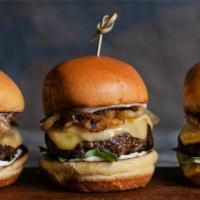 3 Cheddar Bacon Sliders · 3 Beef burger sliders topped with spicy mayo, pickles, lettuce, tomatoes, and grilled onions