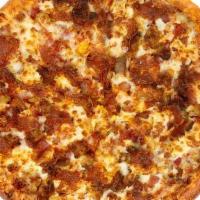 Small Nice To Meat You · Ground beef, pepperoni, Italian sausage, ham & crispy bacon over Stoner’s pizza sauce.
