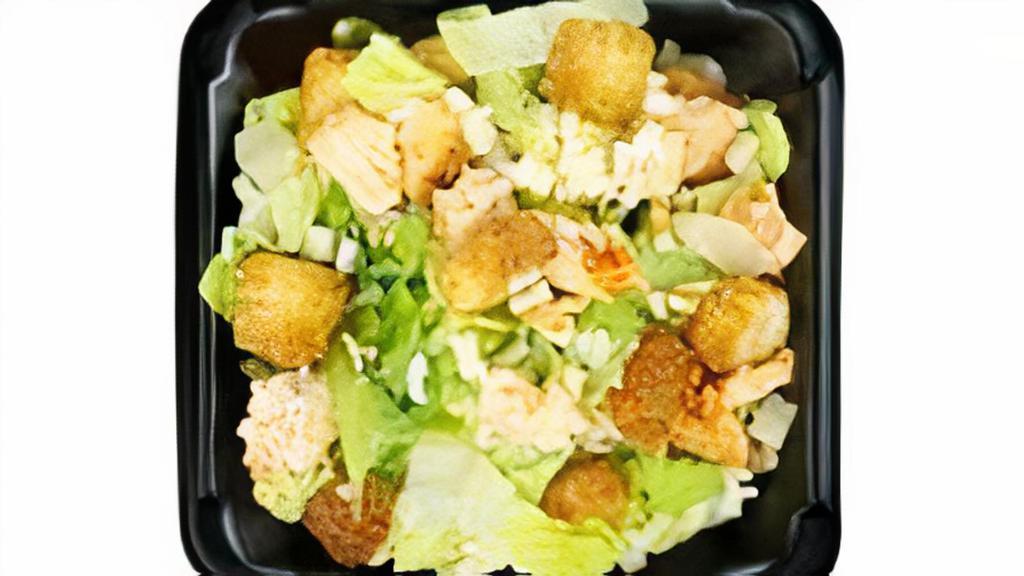 Full Chicken Caesar · Fresh-cut romaine lettuce, topped with slow smoked chicken, aged parmesan cheese, and croutons with creamy Caesar dressing.