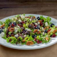 Shrimp Berries & Gorgonzola Salad · Mixed greens, grilled shrimp, tossed in a strawberry vinaigrette with dried cranberries, fre...