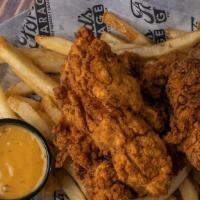 Hand Battered Chicken Tenders · Fresh, Never Frozen, Hand-Battered Tenders in Our Seasoned Flour, Served with Ford’s Fries,
...