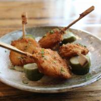 Ebi Karaage. · Panko shrimp | Umami mayo | Pickled cucumber | Chives