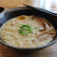 Tonkotsu. · Traditional rich pork broth | Pork chashu | Soft boiled egg | Scallion | Thin noodles