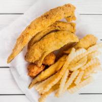 Whiting Or Trout · Served with fries, hush puppies, cole slaw, and tater cause.