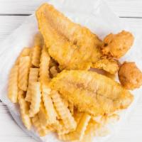 Catfish, Tilapia, Perch, And Flounder · Served with fries, hush puppies, cole slaw, and tarter cause.