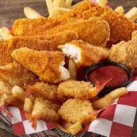 4 Pc Catfish, Butterfly Shrimp & Fries · Four hand-breaded, southern-style catfish fillets paired with six crispy butterfly shrimp, s...
