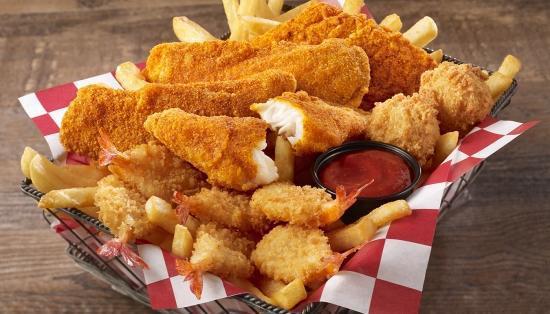 4 Pc Catfish, Butterfly Shrimp & Fries · Four hand-breaded, southern-style catfish fillets paired with six crispy butterfly shrimp, served with fries & two hush puppies.