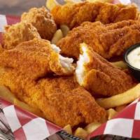 4 Pc Catfish & Fries · Four of our classic, hand-breaded, southern-style catfish fillets served with fries & two hu...