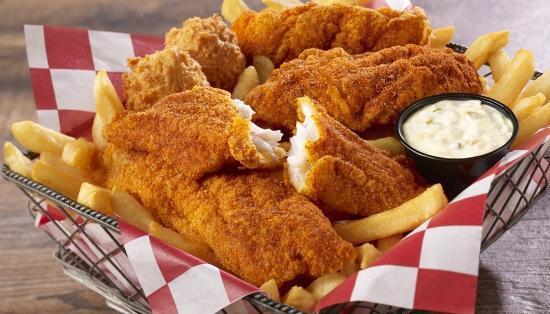 4 Pc Catfish & Fries · Four of our classic, hand-breaded, southern-style catfish fillets served with fries & two hush puppies.