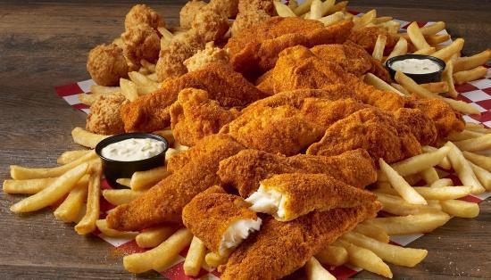 20 Pc Catfish & Fries · Share with Family !Twenty tender, hand-breaded, southern-style catfish fillets served with fries & two hush puppies. Serves 6.
