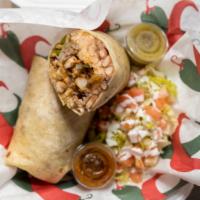 Fajita Burrito · Your choice of steak, grill chicken, or shrimp stuffed with bell peppers, onions, rice and b...