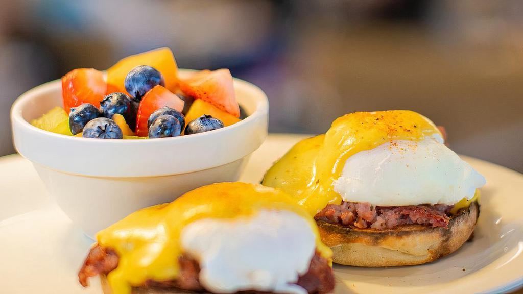 Hash Benedict · Founder’s recipe corned beef hash made with potatoes, onions and special spices on a toasted English muffin, topped with two poached eggs and hollandaise sauce.