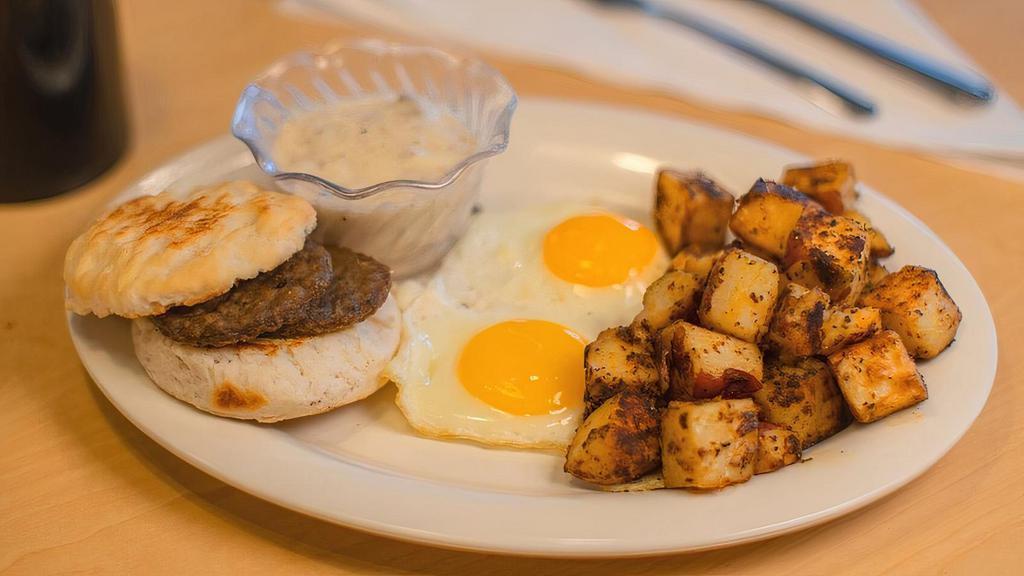 Southern Staples · Two eggs, sausage biscuit and a side of sausage gravy, with choice of home fries or grits.
