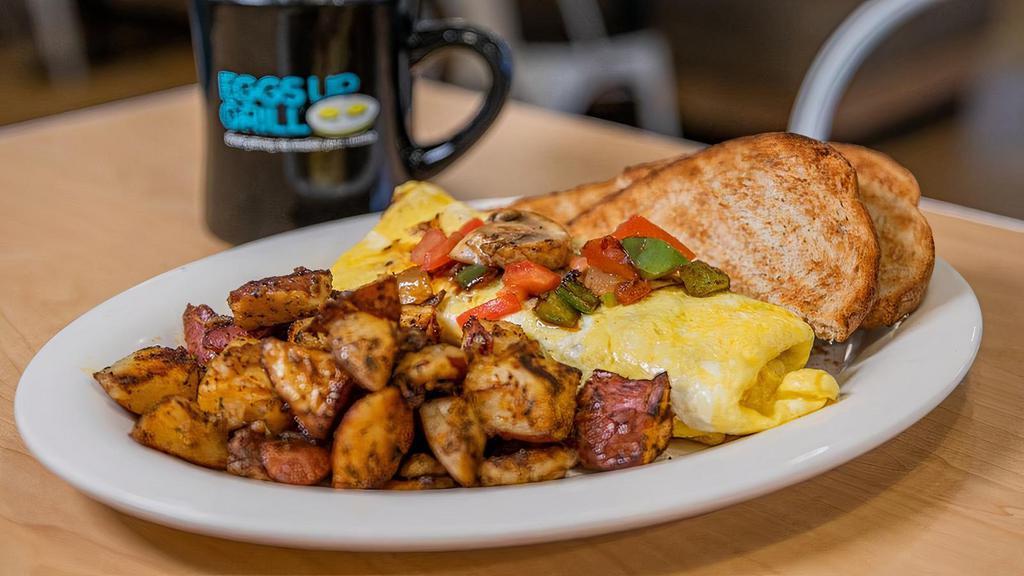 Build Your Own Omelet · You pick whatever you like and we’ll fix it for you!. VEGGIES: Mushrooms, Onions, Peppers, Avocado, Tomatoes,  Spinach, Olives, Jalapenos. CHEESE: Feta, Cheddar, Swiss, Pepper Jack, American. MEAT: Bacon (turkey/pork), Canadian Bacon,  Ham, Sausage (turkey/pork/andouille)