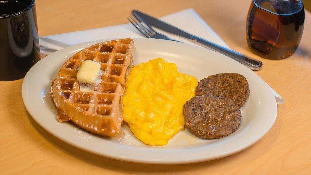 Little Waffle In The Hen House · Half waffle, two eggs and choice of bacon or sausage.. Substitute whole waffle.