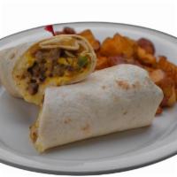 Breakfast Burrito · Two eggs, sausage, peppers, onions, sour cream and pepper jack cheese served with a side of ...