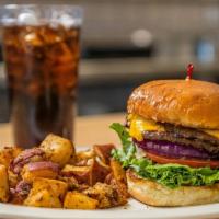 Great American Cheese Burger · A steak burger with American cheese, lettuce, tomato, red onions, mustard, ketchup and dill ...