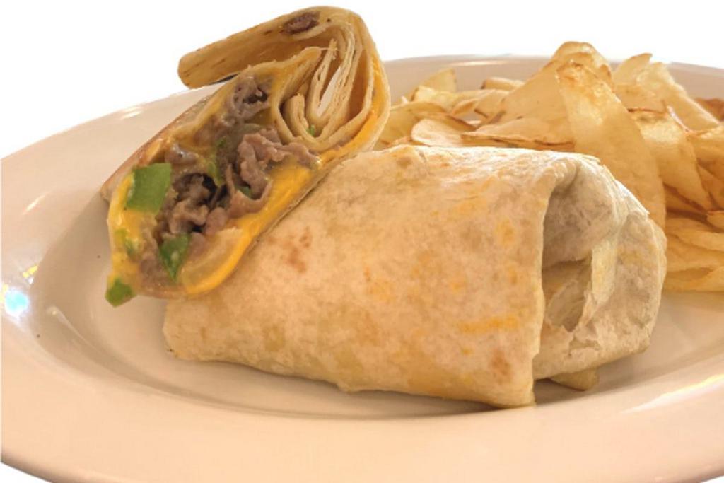 Philly Cheese Steak Wrap · Thinly sliced steak sautéed with onions, peppers and American cheese.