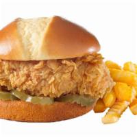 Southern Fried Chicken Sandwich · Southern Fried Chicken Sandwich with pickles.