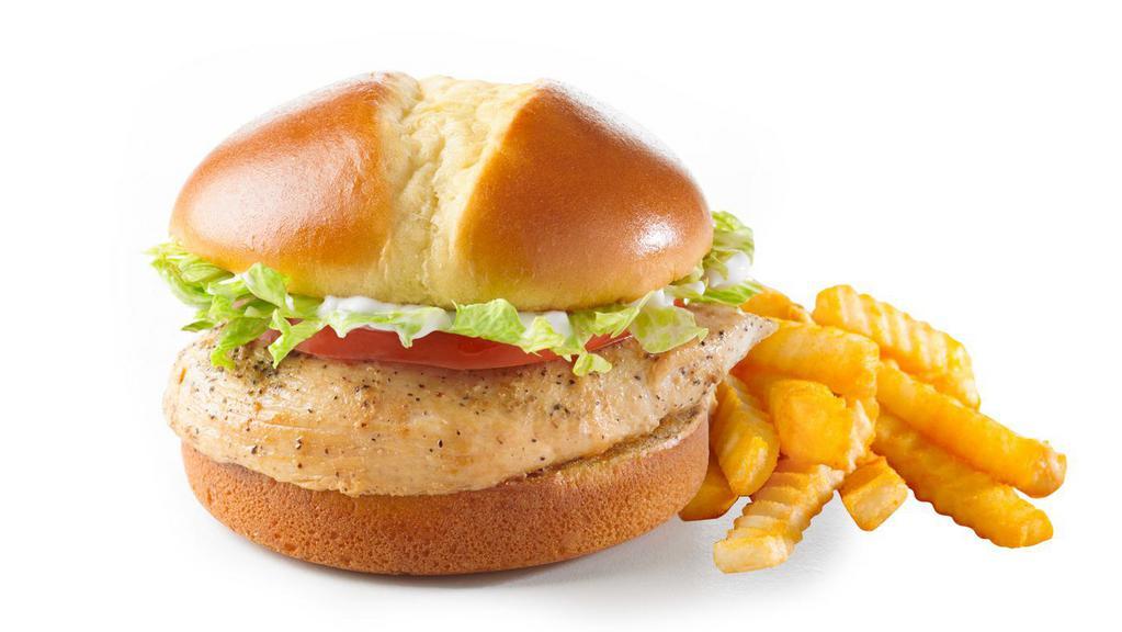 Grilled Chicken Sandwich · Fresh, never frozen grilled chicken fillet topped with tomato, lettuce, and mayo. Add large fries for $2.59.