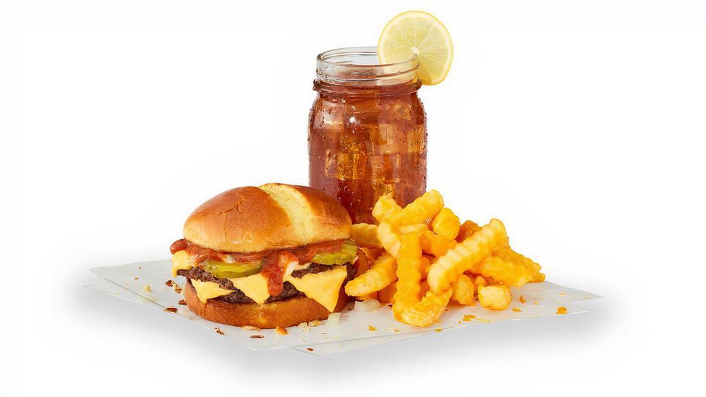 Double Cheese Combo · Two juicy beef patties stacked up with onions, pickles, two slices of American cheese and Jack's secret sauce on a premium artisan bun. Served with fries and a regular drink.
