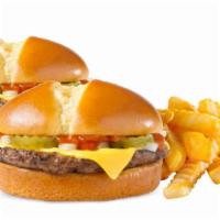 2 Cheeseburgers · Not just one cheeseburger, but two! Both cheeseburgers have a juicy beef patty piled up with...