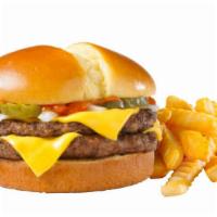 Double Cheese · Two juicy beef patties stacked up with onions, pickles, two slices of American cheese and Ja...