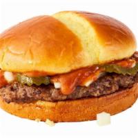 Hamburger · A juicy beef patty piled up with onions, pickles, and Jack's secret sauce on a toasted premi...